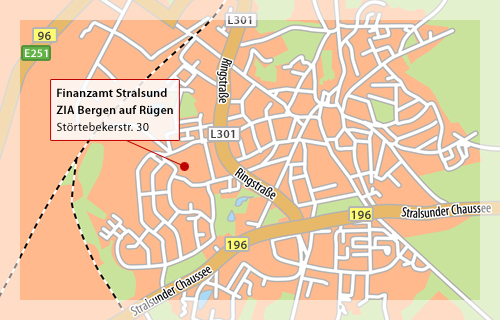 Anfahrt Finanzamt Stralsund - ZIA Bergen auf Rügen Grafik: Steuerportal MV Anfahrt Finanzamt Stralsund - ZIA Bergen auf Rügen